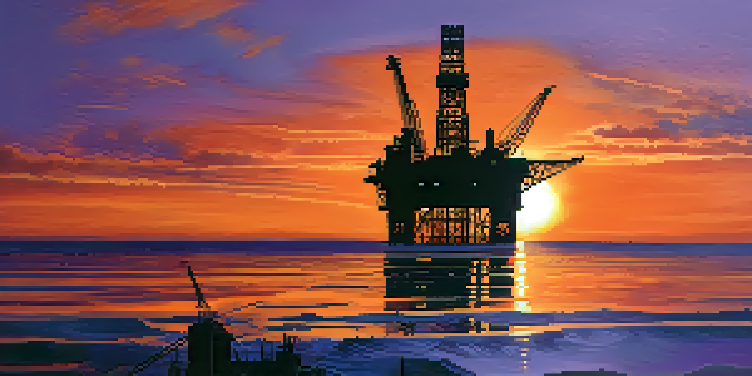 A close-up view of an oil rig at sunset with vibrant colors in the sky and reflections on water.