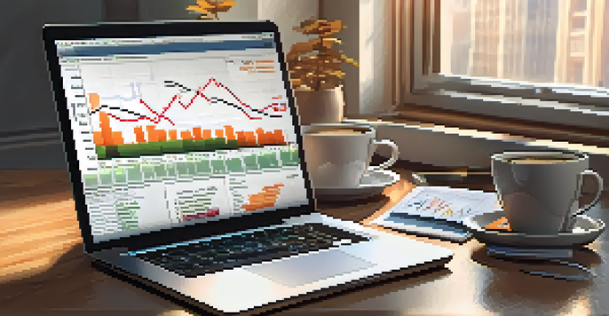A financial analyst's desk with a laptop showing graphs, reports, and a coffee cup, illuminated by natural light.