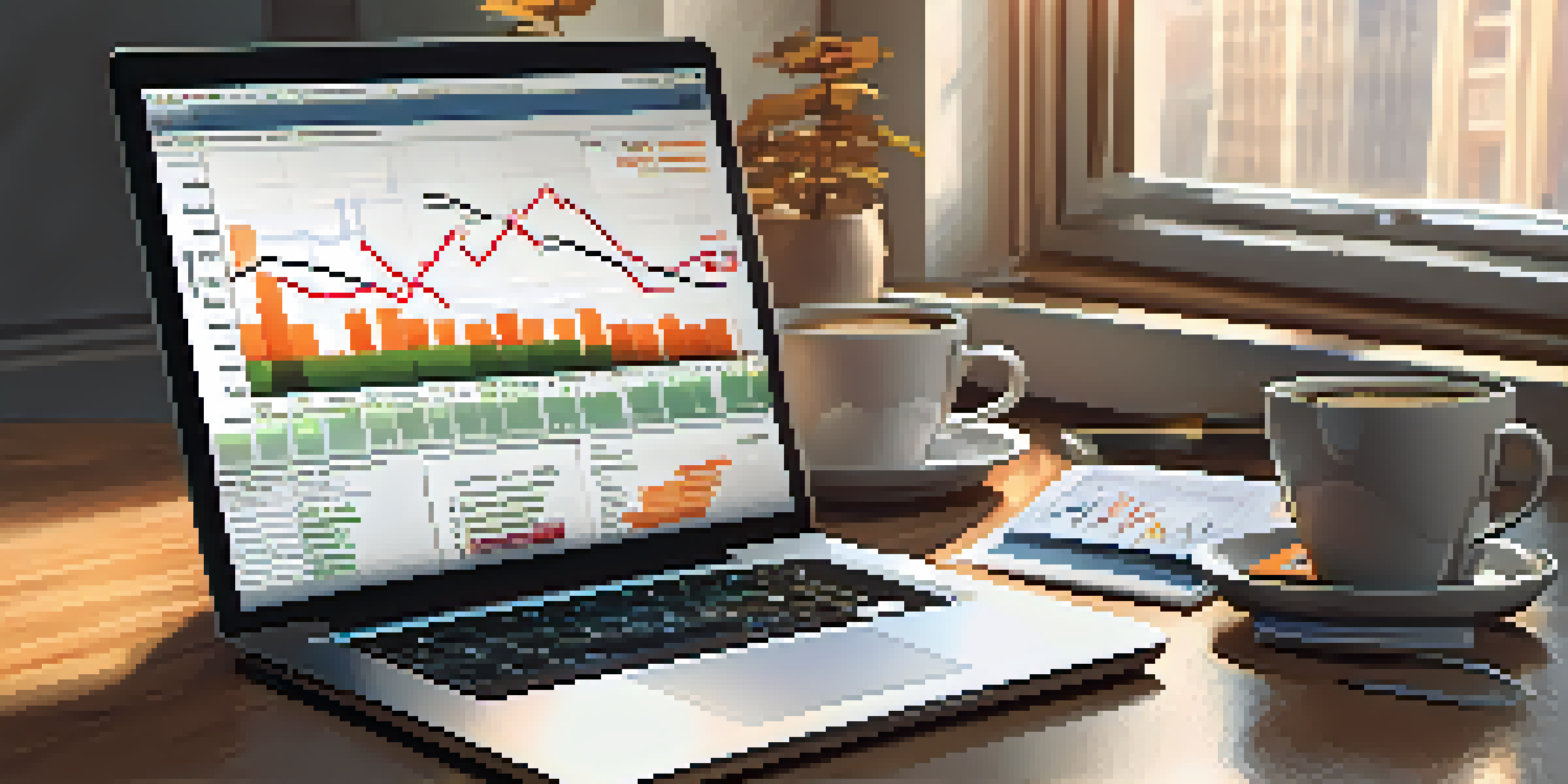 A financial analyst's desk with a laptop showing graphs, reports, and a coffee cup, illuminated by natural light.