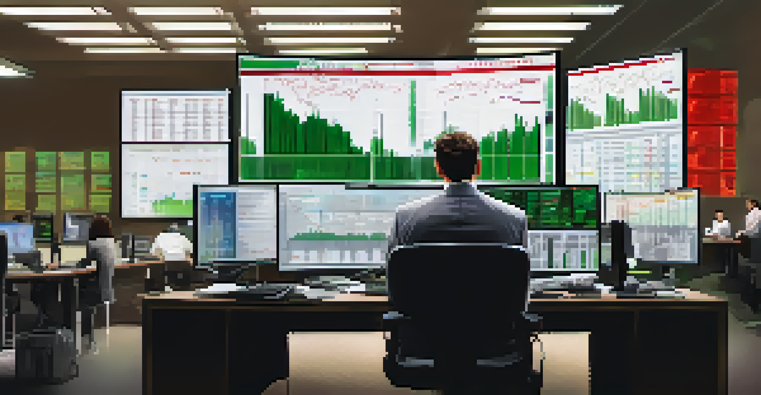 A financial analyst at a desk, analyzing currency exchange rates on multiple screens with fluctuating graphs and charts.