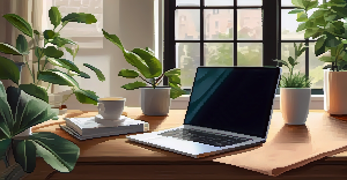 A warm and inviting home office with a laptop, financial documents, and a potted plant on a wooden desk, illuminated by natural light from a nearby window.