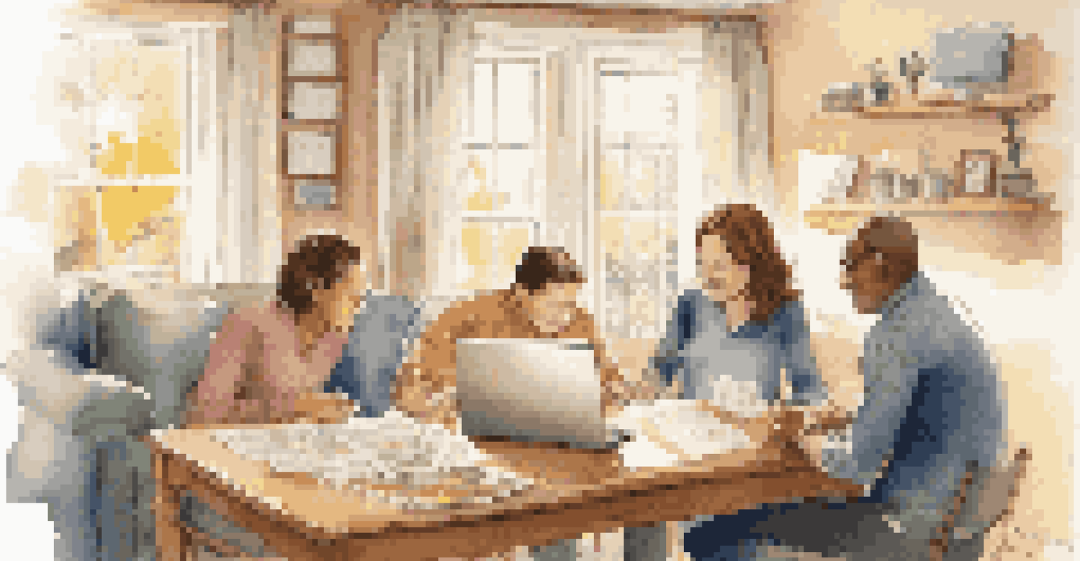A family in a cozy home discussing finances at a table with a laptop showing inflation statistics, creating a warm and secure atmosphere.
