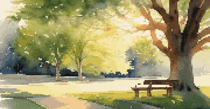 A peaceful park scene during sunset, showcasing green grass, colorful flowers, and a wooden bench under a tree.