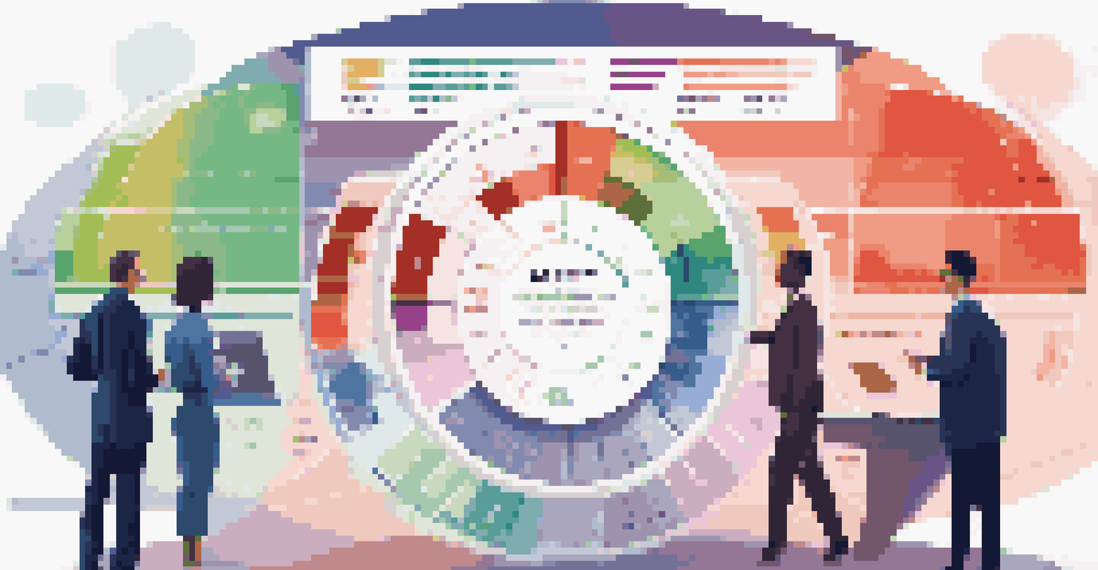 An infographic illustrating asset allocation with a pie chart and silhouettes of investors analyzing data.