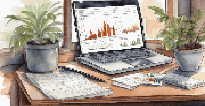 A financial analyst's desk with a laptop showing graphs about private equity, a notepad with calculations, and a potted plant, illuminated by soft natural light.