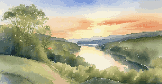 A tranquil valley with a flowing river and colorful trees under a clear sky during sunset.