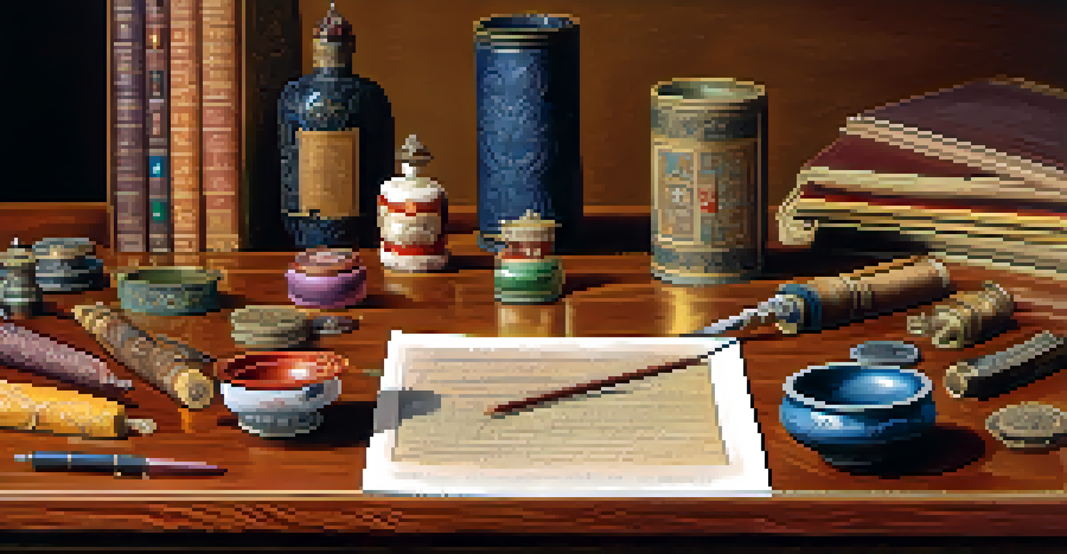 A detailed close-up of colorful bonds on a wooden desk with a quill and inkpot.