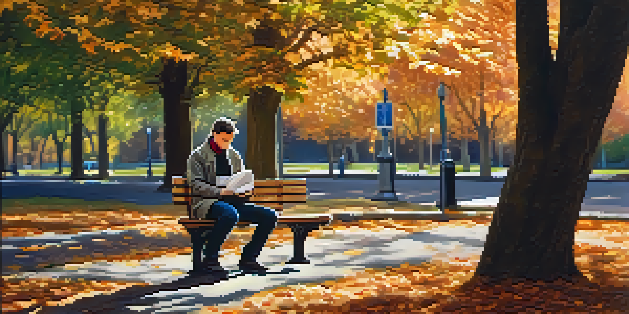 A person sitting on a park bench in autumn, surrounded by colorful leaves, writing in a notebook in a peaceful setting.
