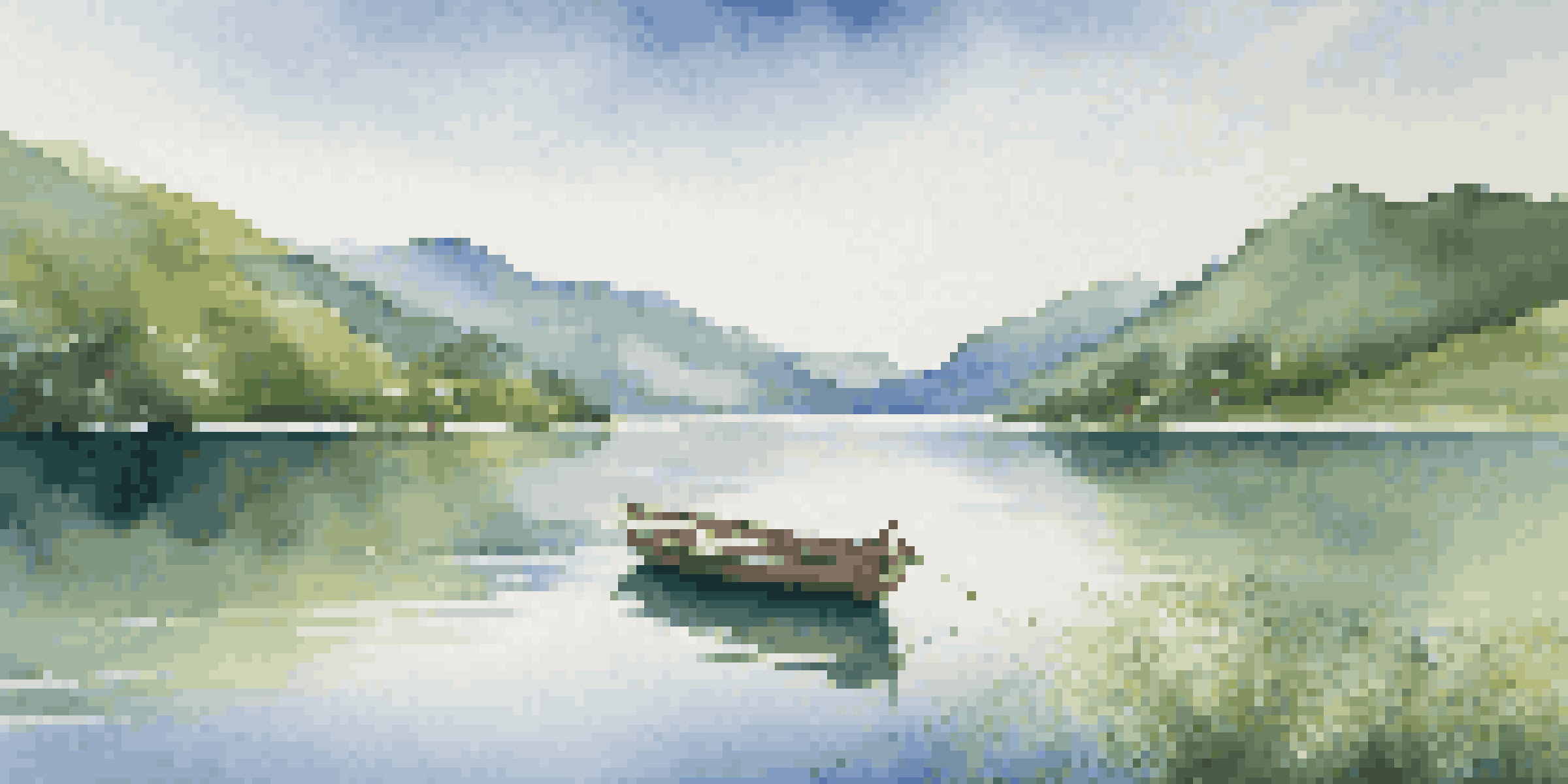 A peaceful lake scene with mountains in the background, a boat on the water, and a clear sky.