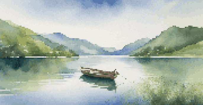A peaceful lake scene with mountains in the background, a boat on the water, and a clear sky.