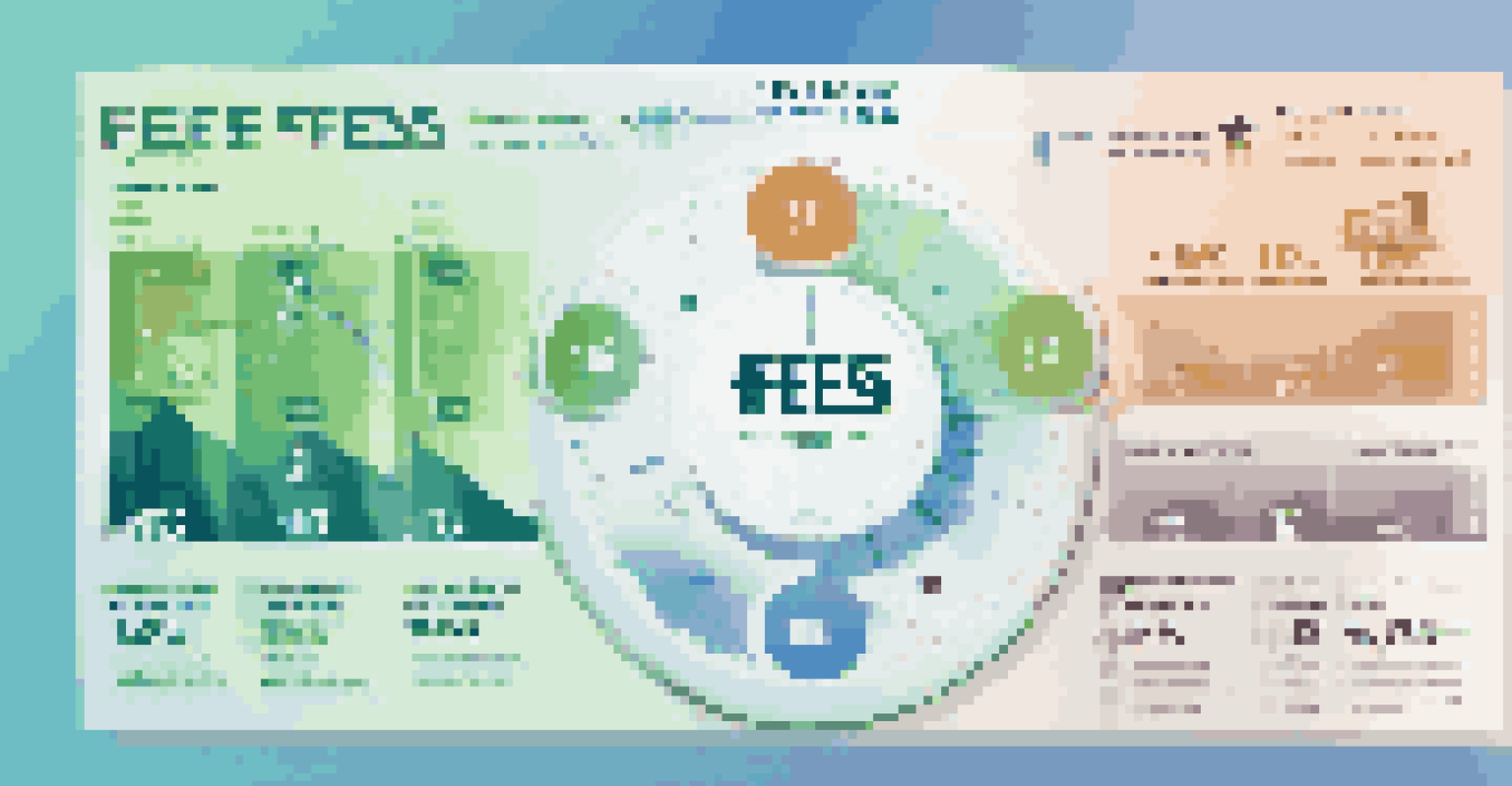 An infographic illustrating fund fees with percentage symbols, dollar signs, and icons for different types of fees against a blue and green gradient background.