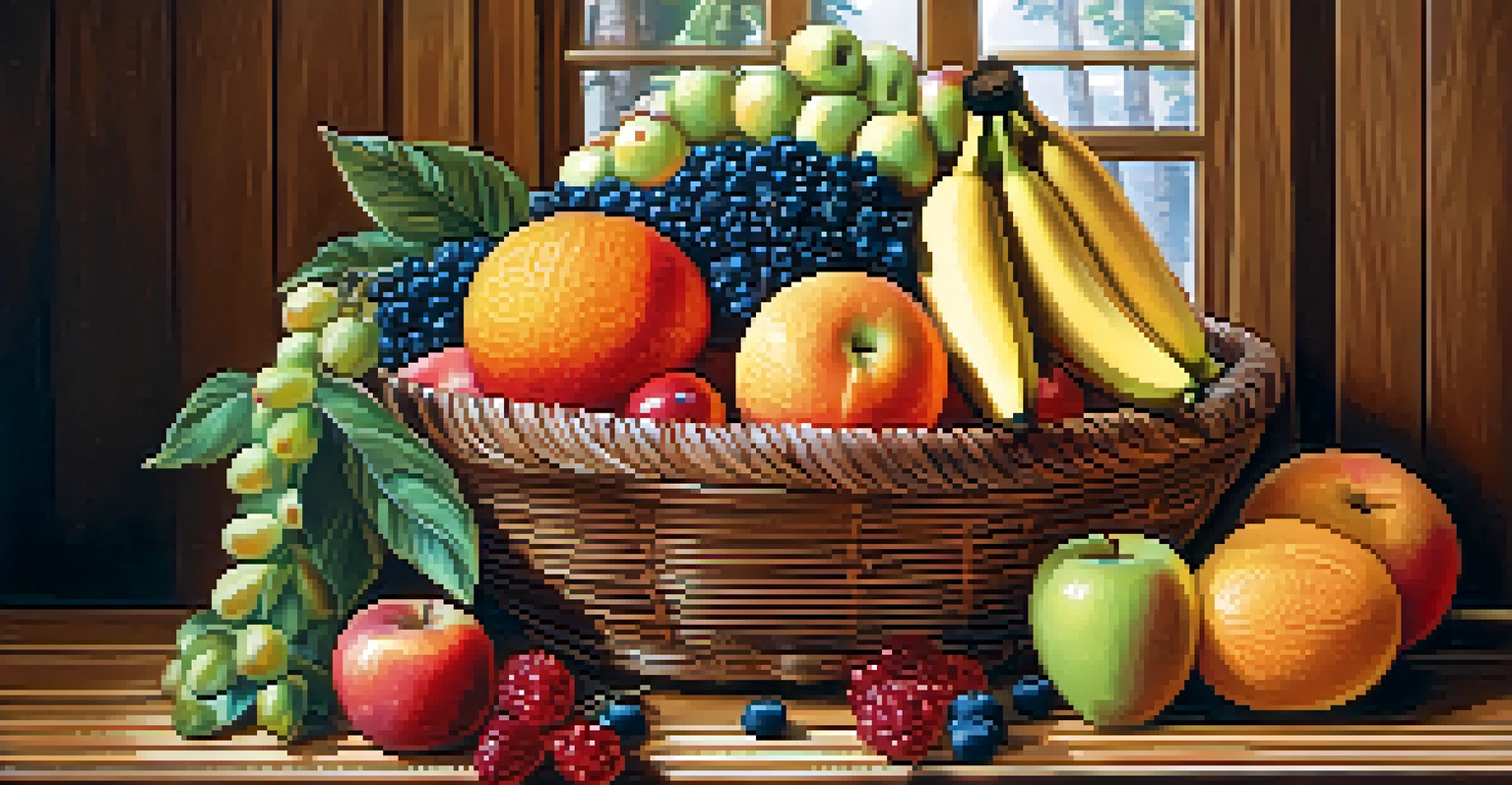 A colorful fruit basket filled with various fresh fruits, placed on a wooden table with natural lighting.