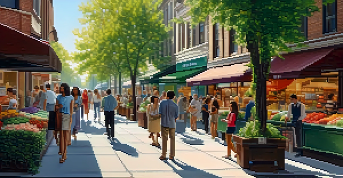 A vibrant city street filled with various people shopping and dining under warm sunlight with colorful storefronts and green trees.