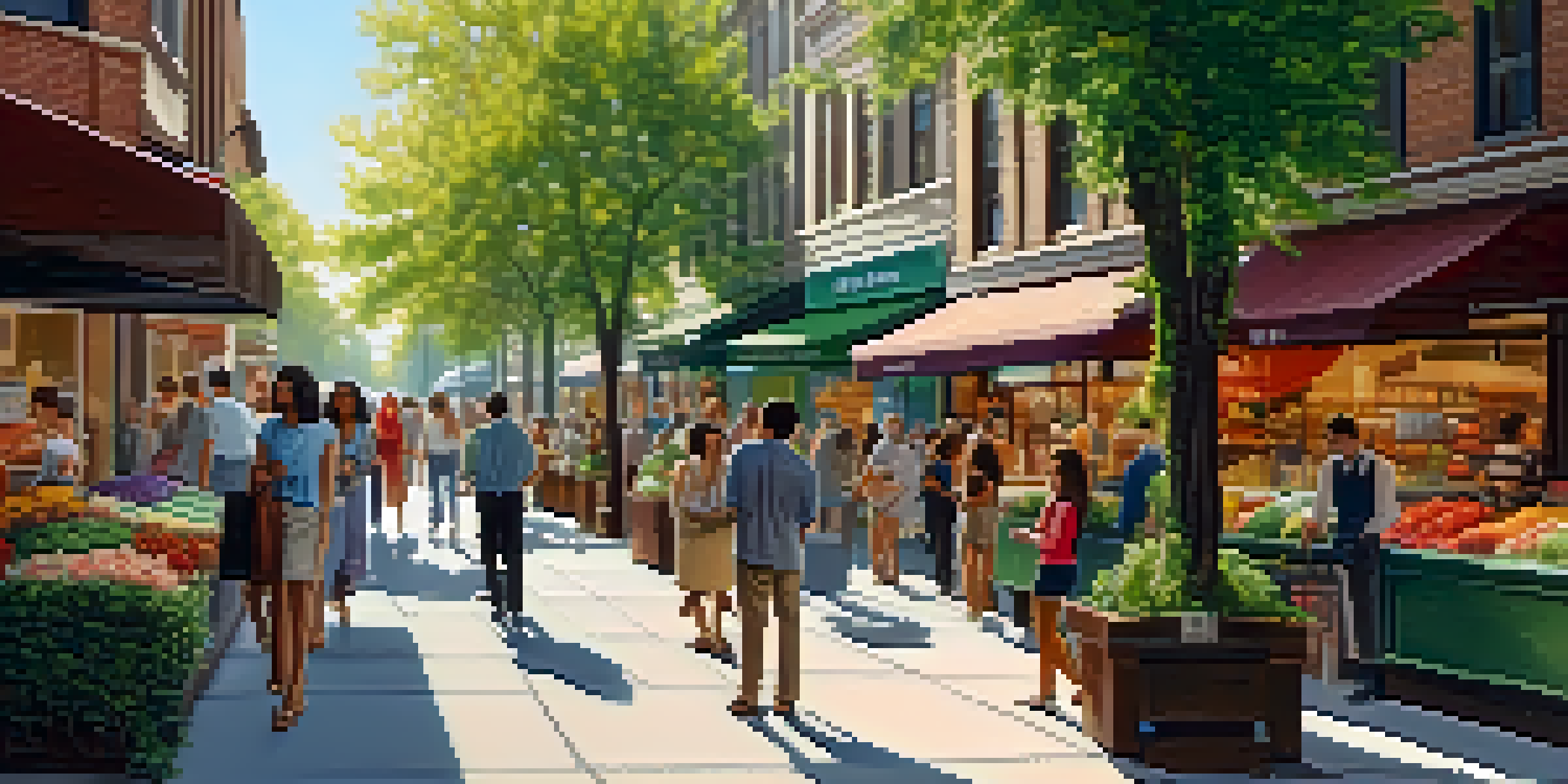 A vibrant city street filled with various people shopping and dining under warm sunlight with colorful storefronts and green trees.