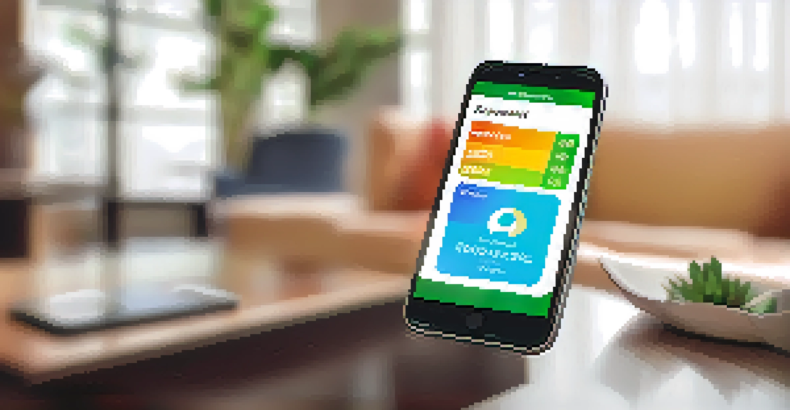 A hand holding a smartphone with a debt repayment app, against a cozy living room background.