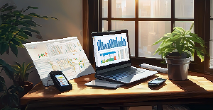 An office space featuring a wooden desk with a laptop showing stock market charts, a potted plant, and sunlight filtering through a window.