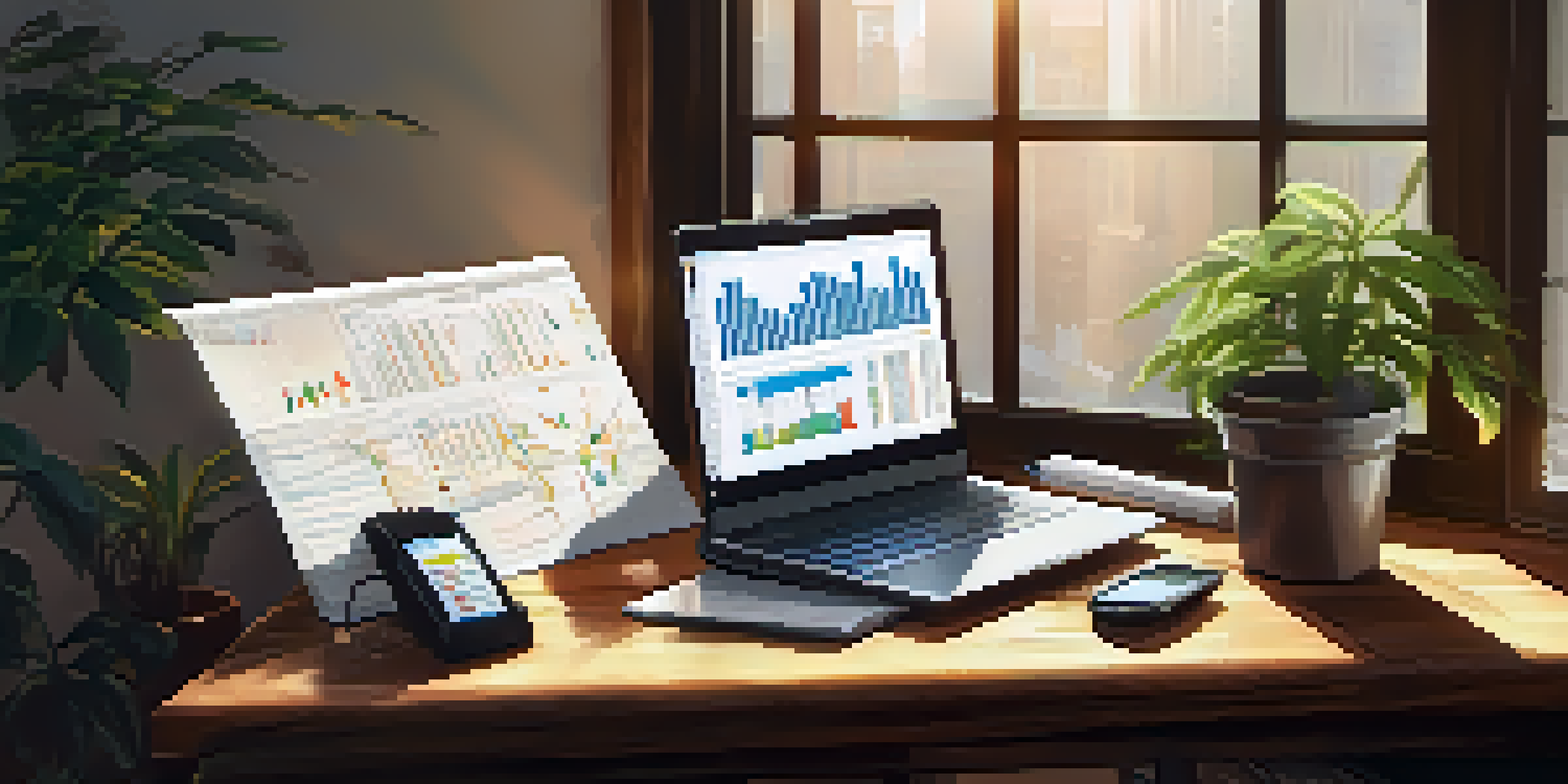 An office space featuring a wooden desk with a laptop showing stock market charts, a potted plant, and sunlight filtering through a window.
