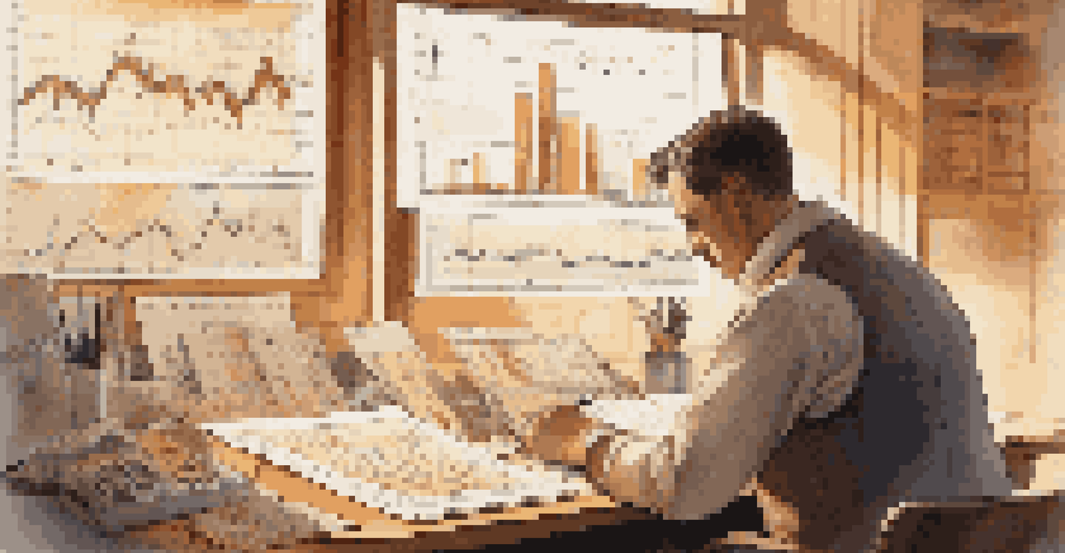A trader examining various commodity price charts on a desk with trading tools and notes, illuminated by natural light.