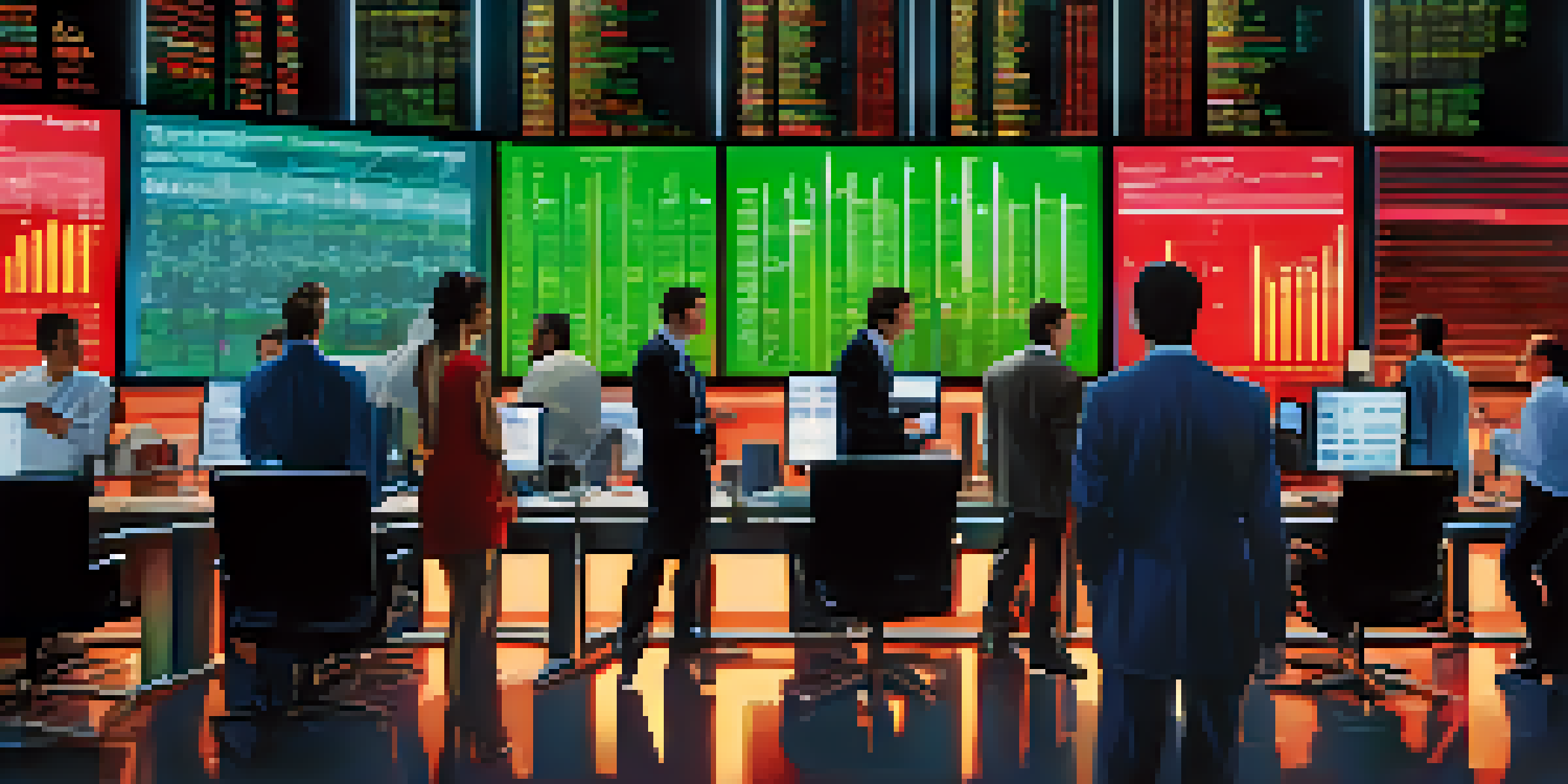 A close-up of a stock market trading screen with diverse investors analyzing data, showing emotions of excitement and concern in a modern office.