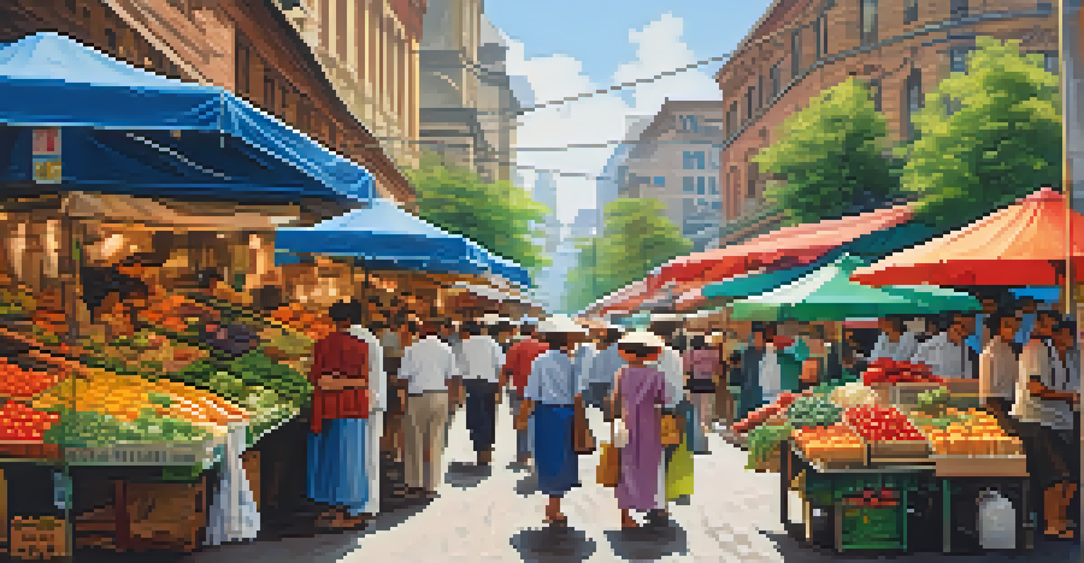 A lively market with colorful stalls and shoppers interacting with vendors under umbrellas.