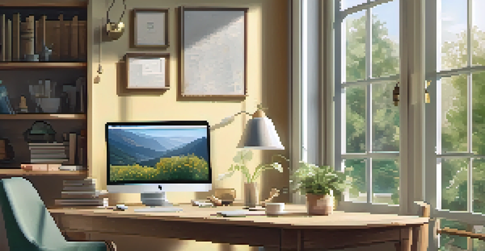 A peaceful home office with a desk, laptop, and a view of a blooming garden outside the window.