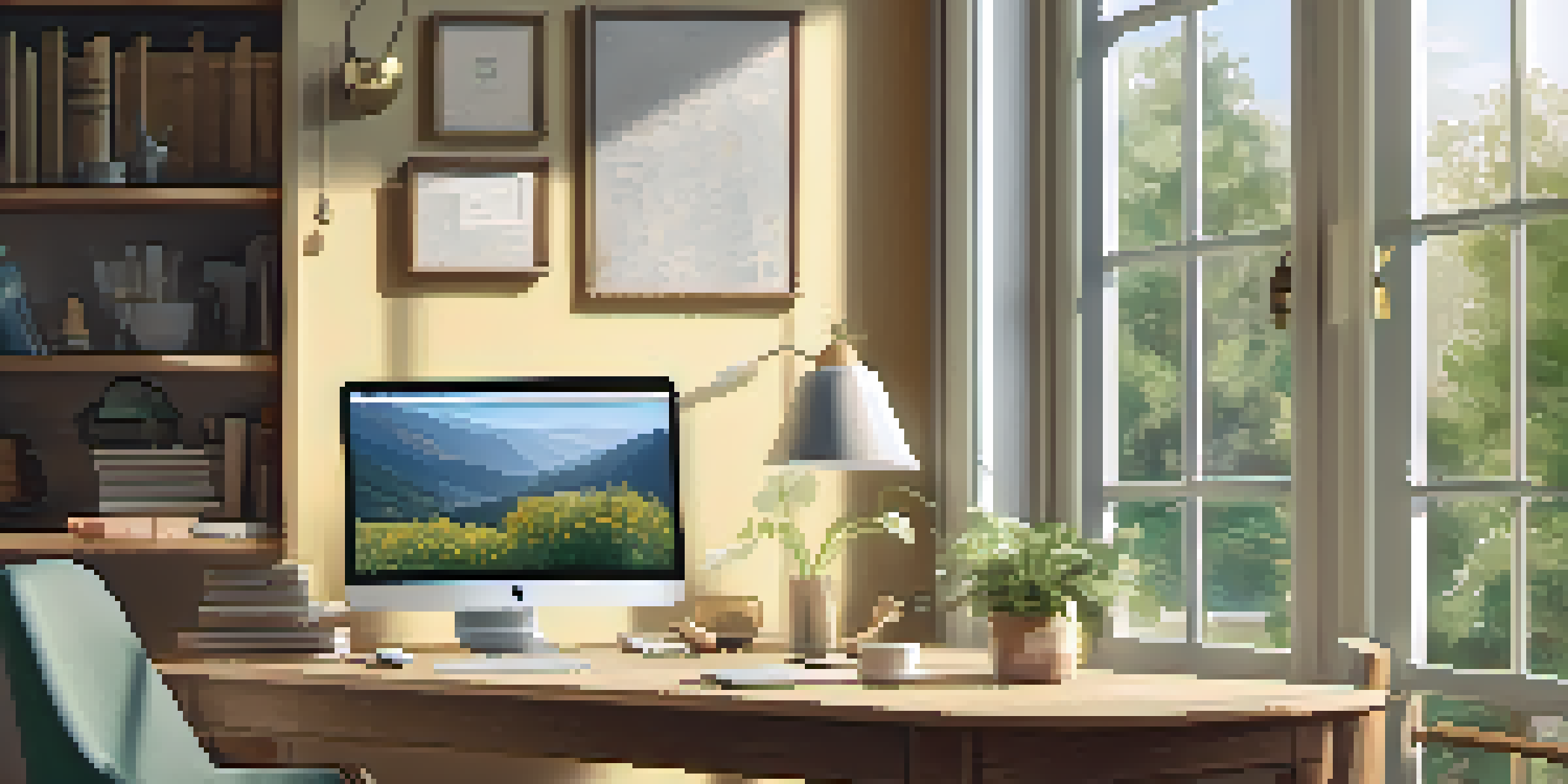 A peaceful home office with a desk, laptop, and a view of a blooming garden outside the window.
