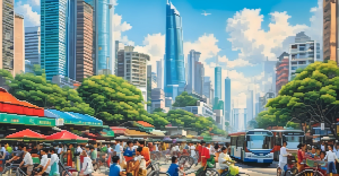 A vibrant urban scene in Southeast Asia featuring modern skyscrapers and traditional buildings, with people and bicycles on a busy street under a clear sky.