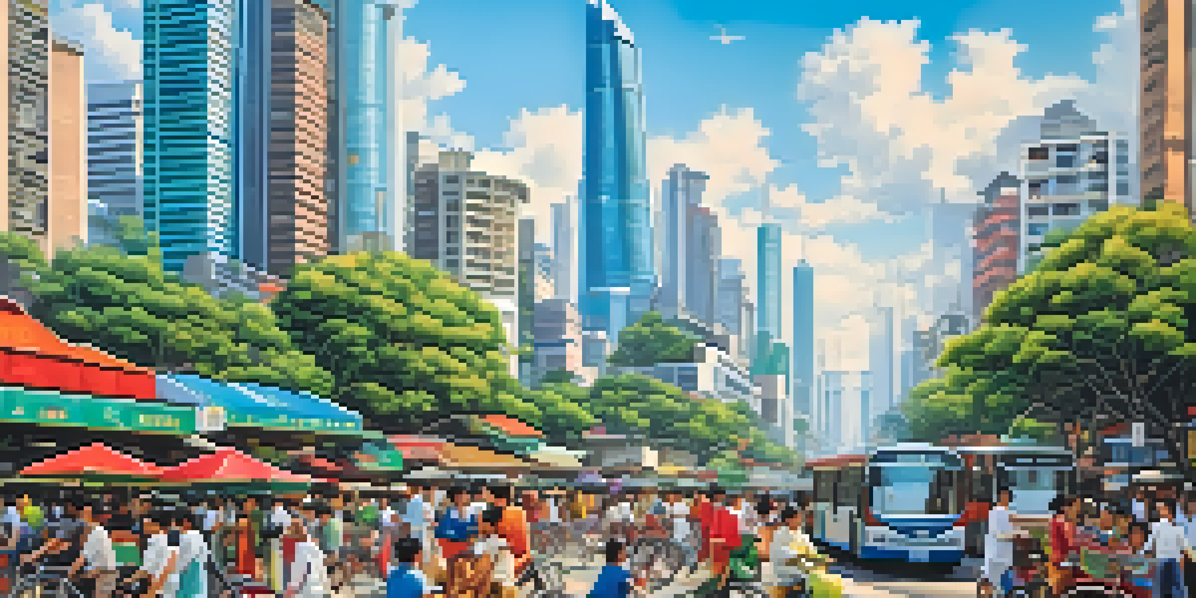 A vibrant urban scene in Southeast Asia featuring modern skyscrapers and traditional buildings, with people and bicycles on a busy street under a clear sky.