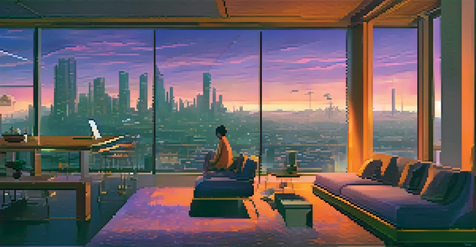 A vibrant city skyline at dusk with traditional and modern buildings, flying vehicles, and people using digital interfaces.