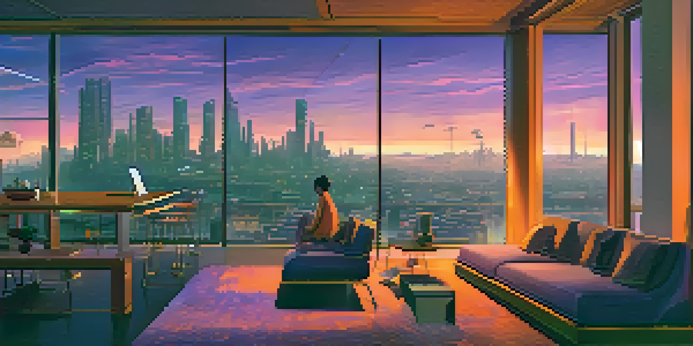 A vibrant city skyline at dusk with traditional and modern buildings, flying vehicles, and people using digital interfaces.