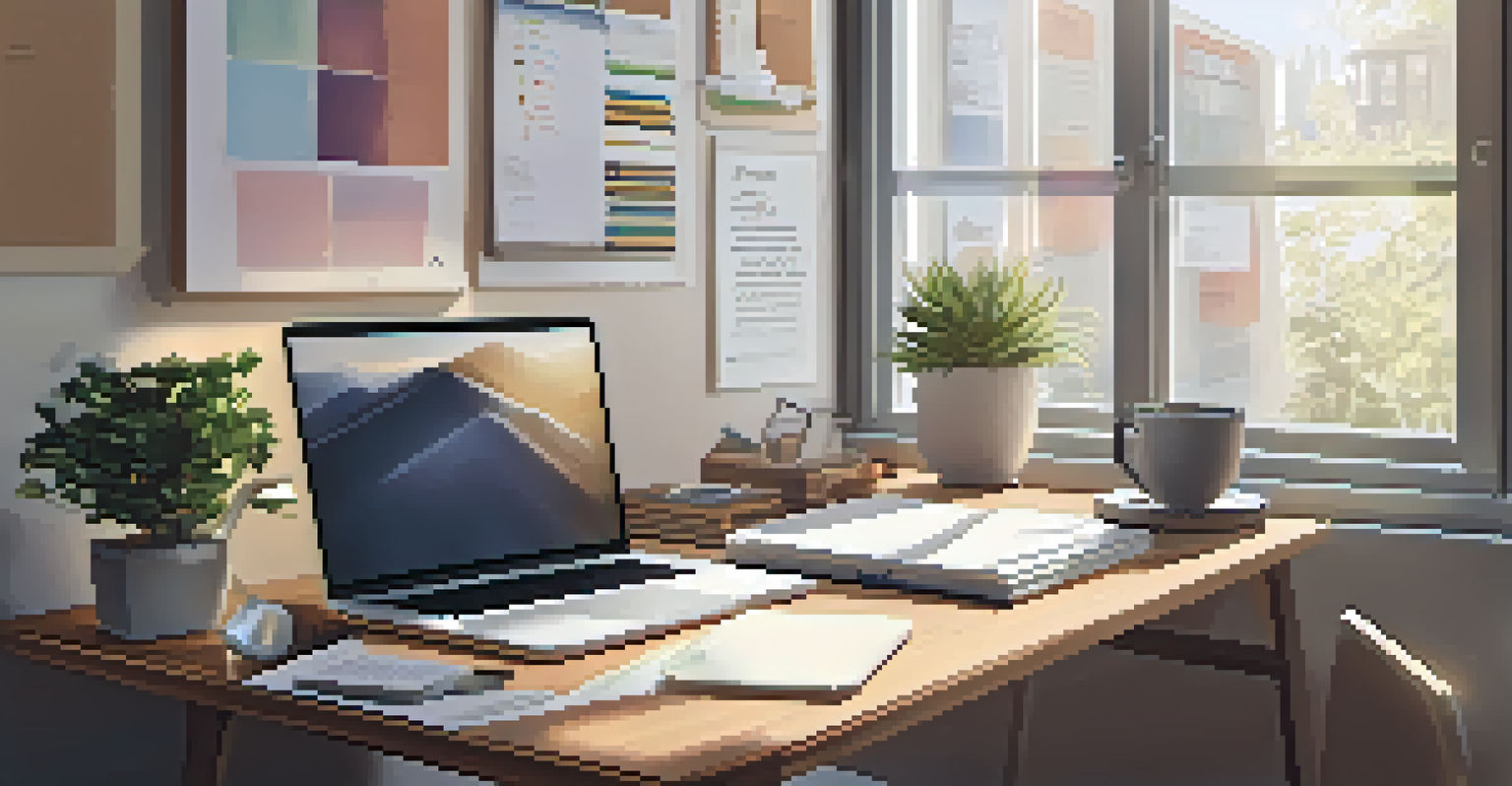 A tidy office desk with a laptop, notepad, coffee cup, and a small plant, bathed in natural light.