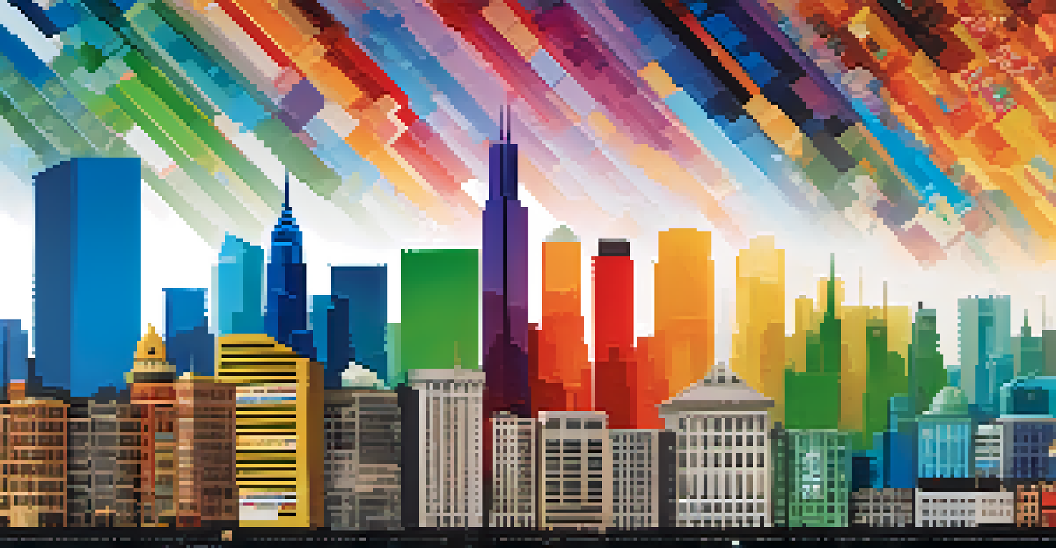 Colorful infographics representing economic indicators like GDP growth and inflation against a blurred city skyline.