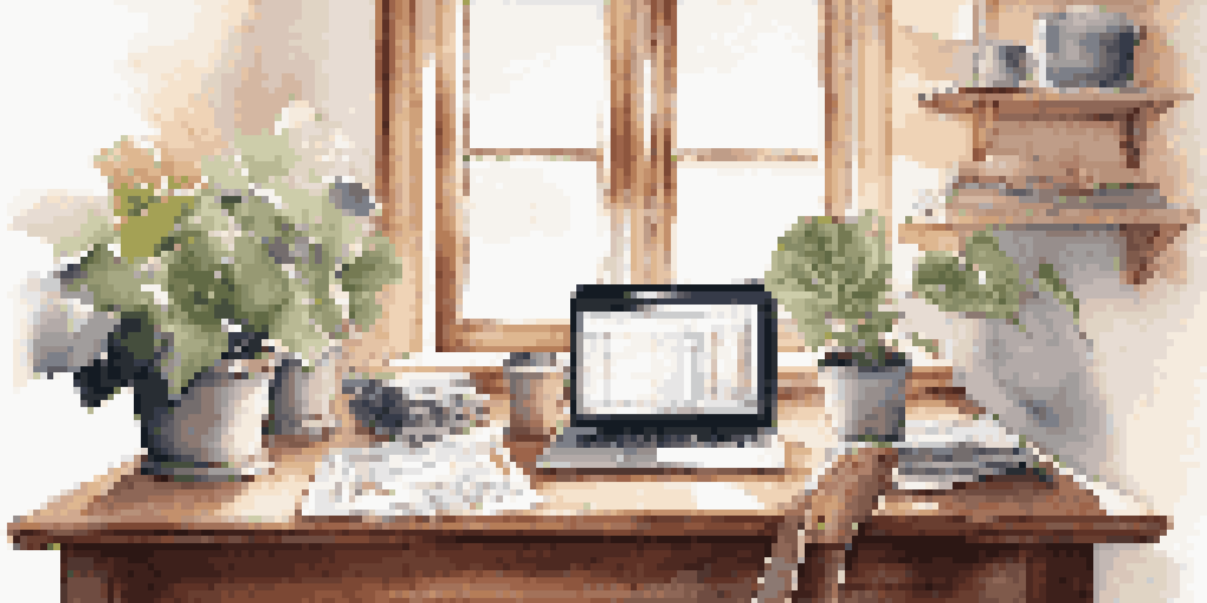 A well-organized home office with financial documents on a wooden desk, a laptop showing graphs, and a potted plant, all bathed in soft morning light.