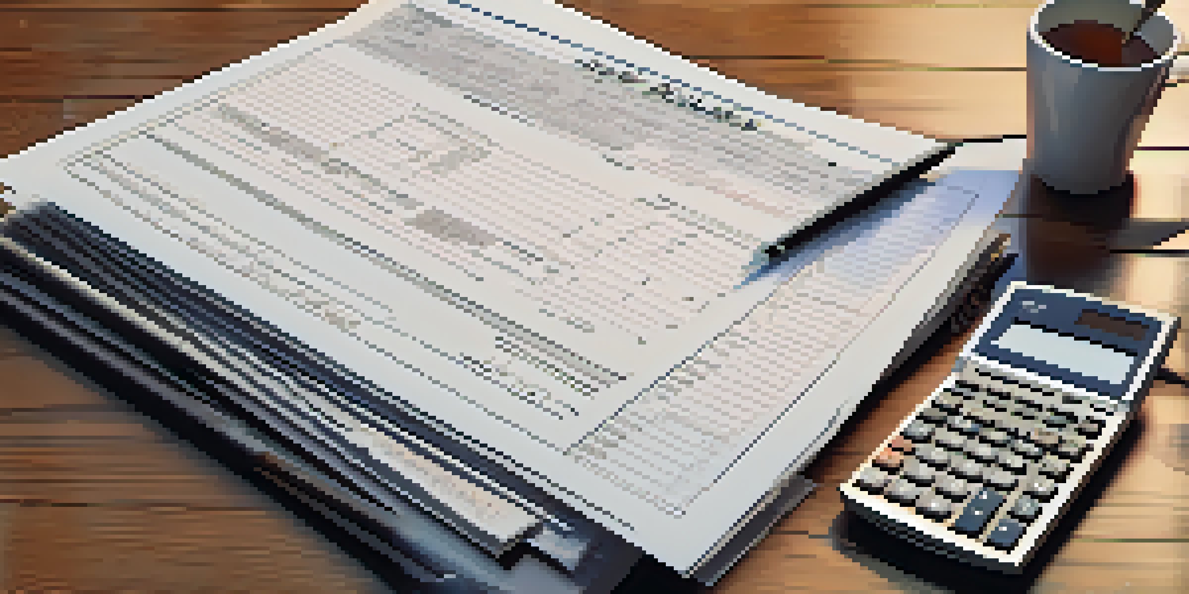 A balance sheet displayed on a wooden desk, surrounded by a calculator and a pen, with a laptop in the background, showcasing a financial analysis.