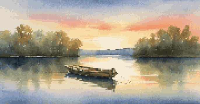 A peaceful lake at sunset surrounded by trees and a small boat, with warm colors reflecting on the water.