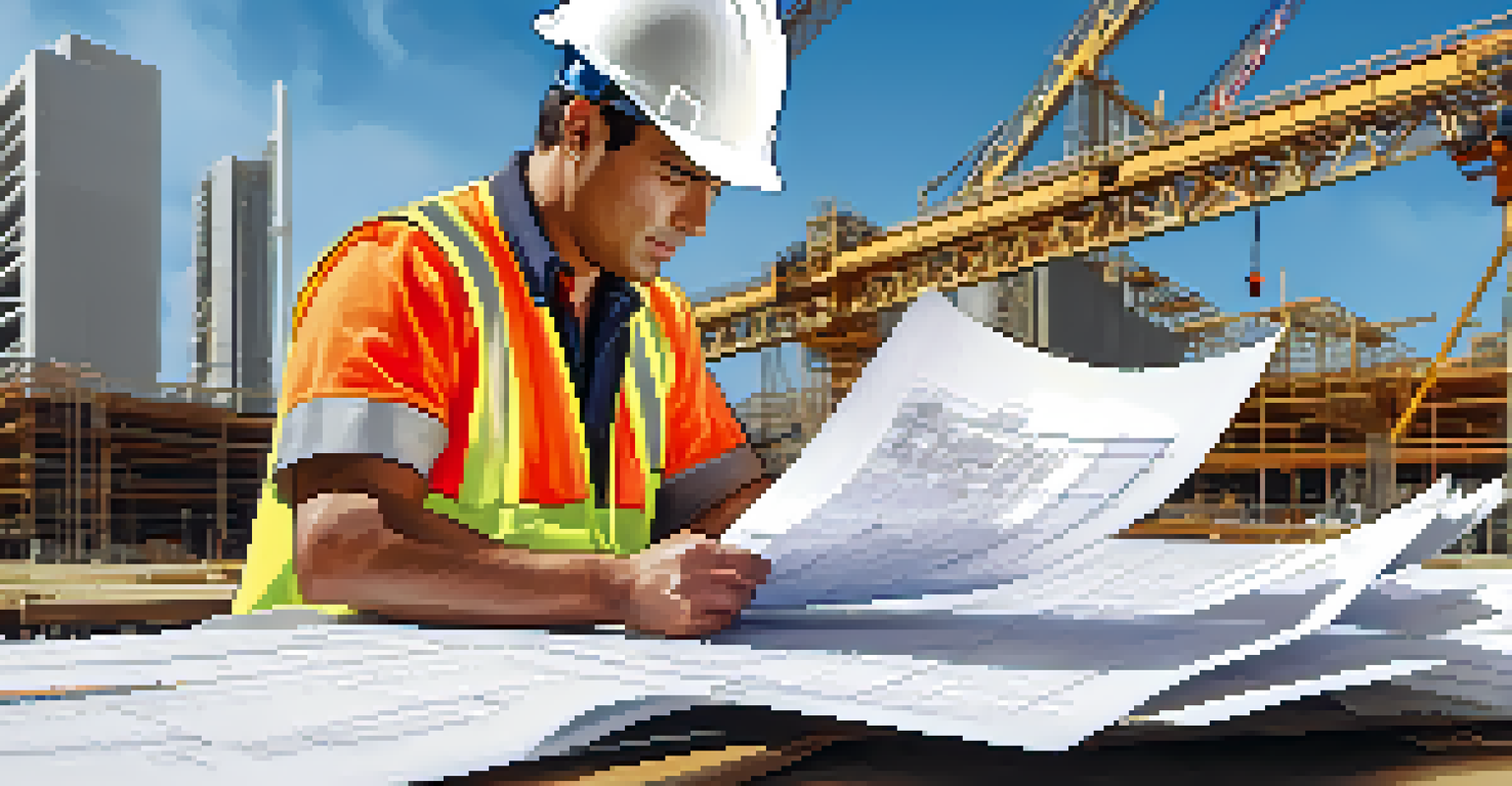 A construction worker examining blueprints at a construction site with cranes in the background, highlighting infrastructure development.