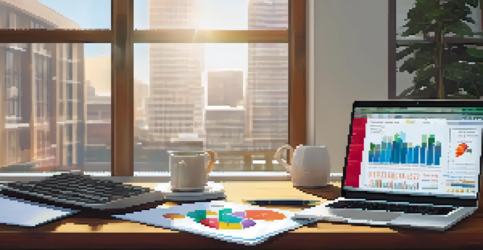 A financial workspace with a laptop showing colorful charts, surrounded by financial statements, a calculator, and a cup of coffee, illuminated by soft natural light from a window.