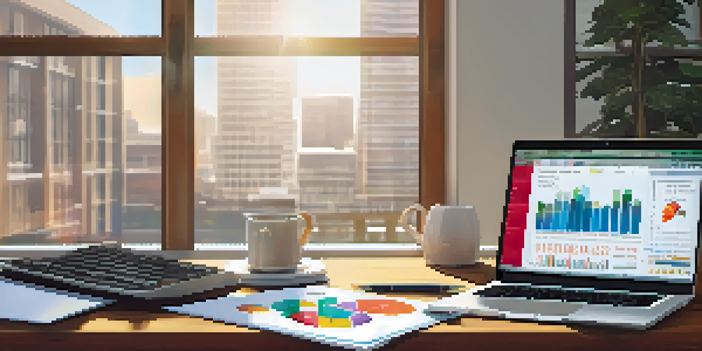 A financial workspace with a laptop showing colorful charts, surrounded by financial statements, a calculator, and a cup of coffee, illuminated by soft natural light from a window.