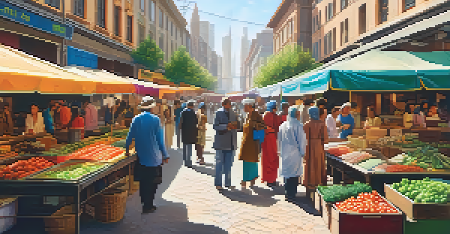 An urban market scene with diverse people trading ethical products, under colorful stalls in bright sunlight.