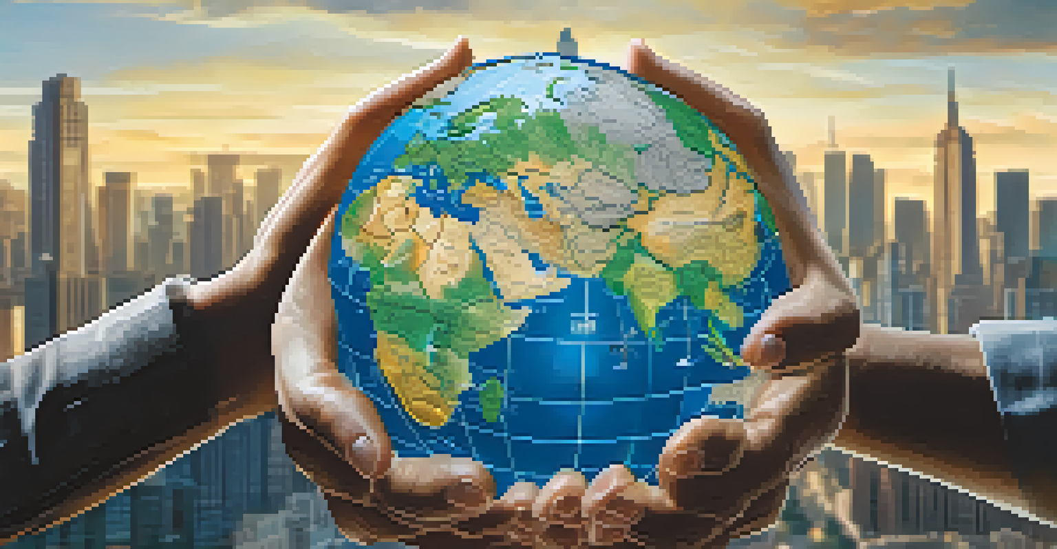 Close-up of hands holding a globe with detailed country borders, set against a blurred city skyline.