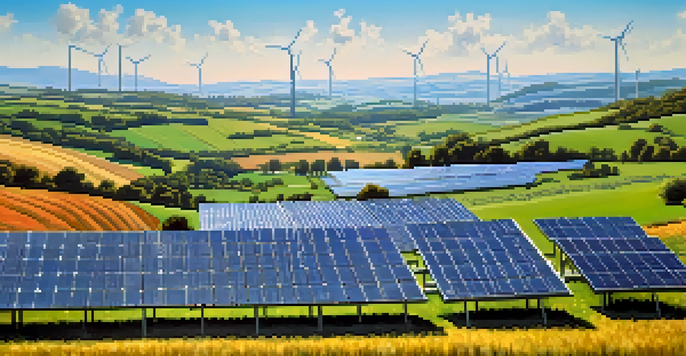 A sunny landscape featuring a solar energy farm with solar panels, green fields, and wind turbines in the background under a clear blue sky.