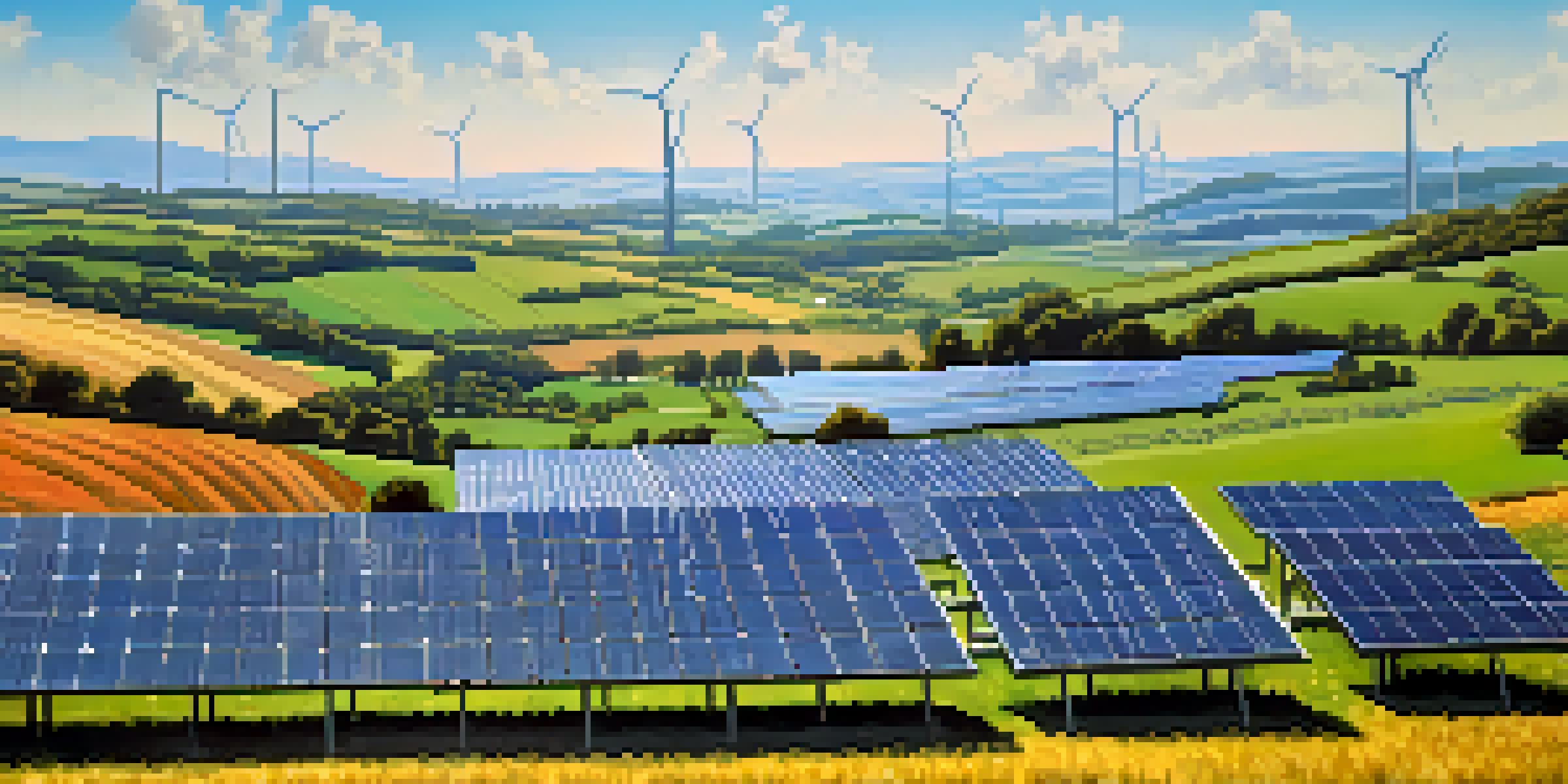 A sunny landscape featuring a solar energy farm with solar panels, green fields, and wind turbines in the background under a clear blue sky.