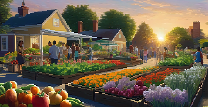A community garden filled with diverse plants and people working together, illuminated by a golden sunset.