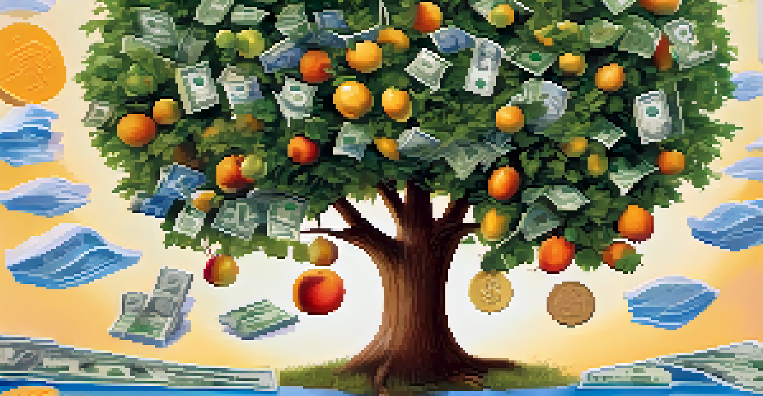 A tree with financial symbols as fruits, representing the long-term benefits of cash flow forecasting, against a blue sky.