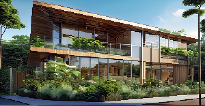 A modern sustainable building with solar panels and surrounded by greenery, showcasing eco-friendly design.