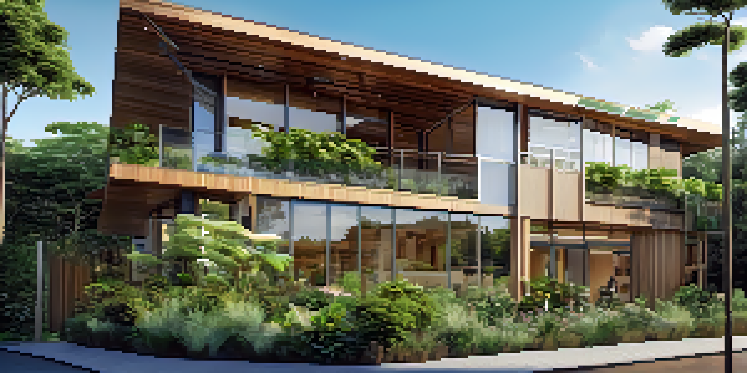A modern sustainable building with solar panels and surrounded by greenery, showcasing eco-friendly design.