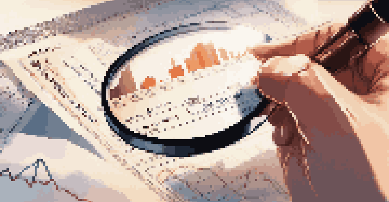 A person examining an investment document with a magnifying glass, with a stock market graph in the background.