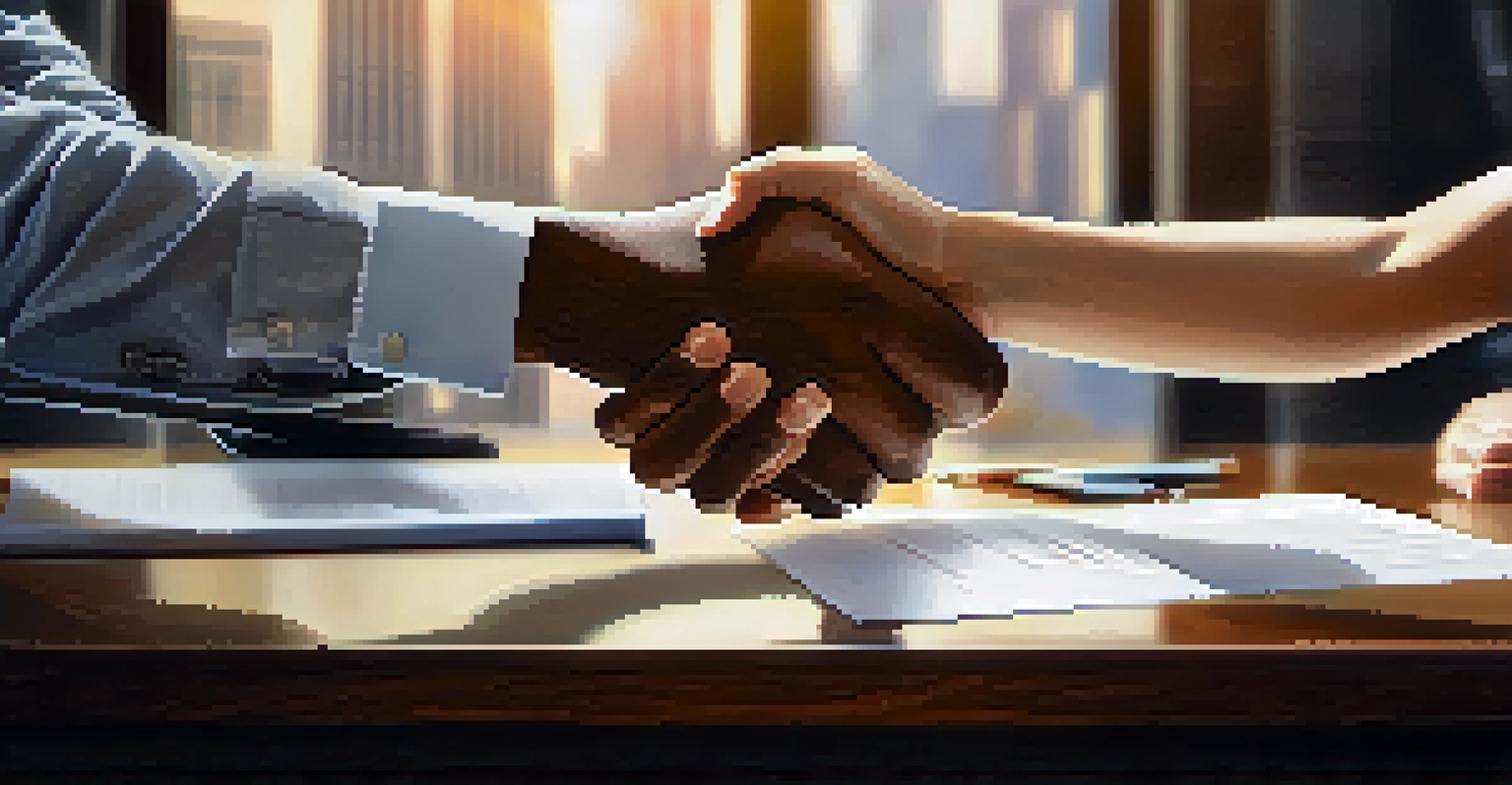 Close-up of two hands shaking over a signed agreement in a soft-focus office background.