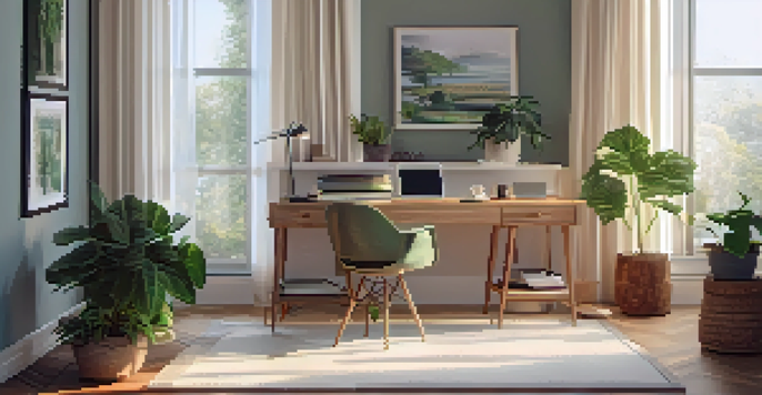 A bright and calming home office with a wooden desk, laptop, notebook, coffee cup, and a green plant in the corner.