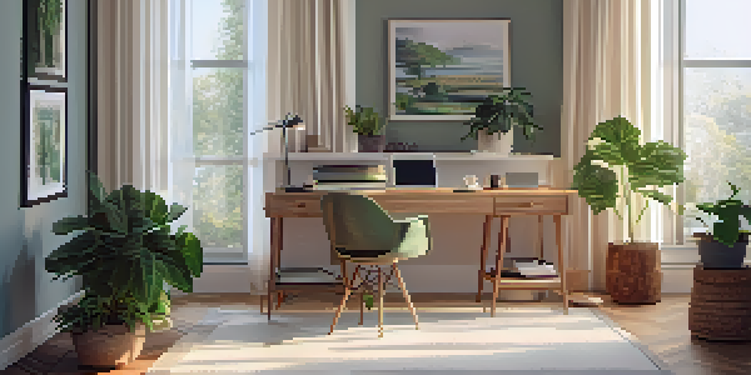 A bright and calming home office with a wooden desk, laptop, notebook, coffee cup, and a green plant in the corner.
